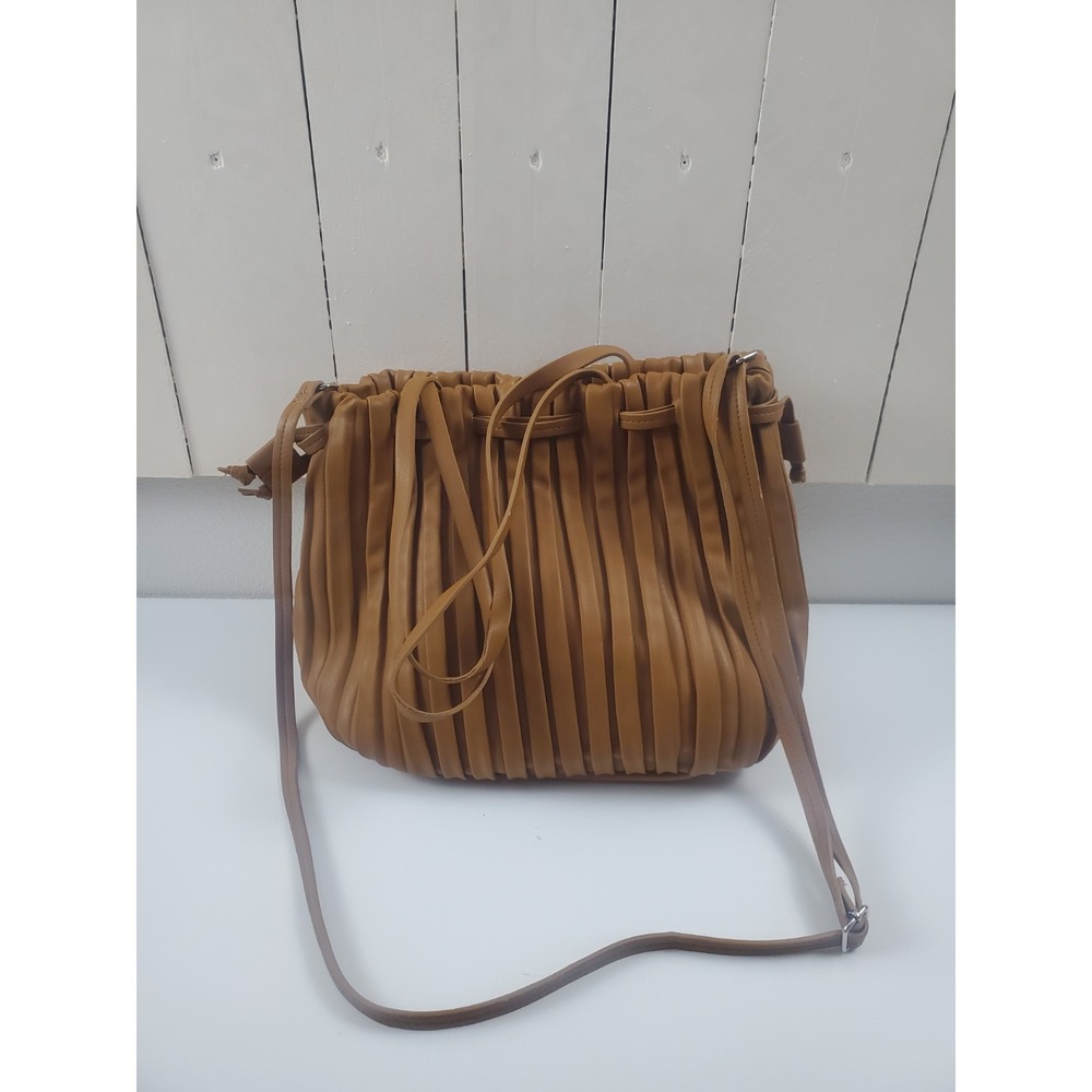 Womens Brown Pleated Drawstring Bucket Bag Crossbody Shoulder Purse Handbag